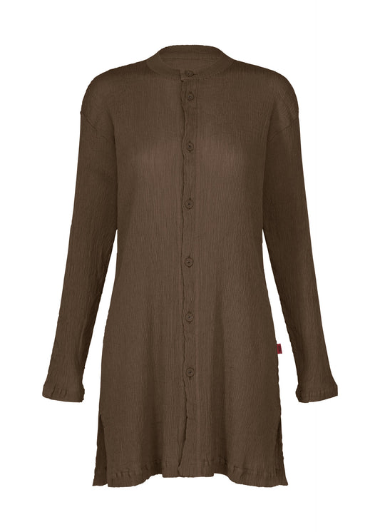 A product shot of the HaaT KYO CHIJIMI AUGUST cardigan in dark brown.