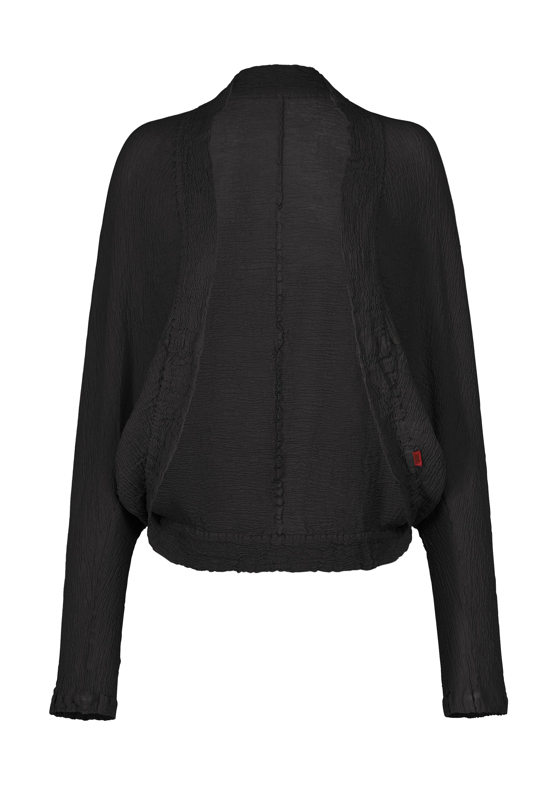 A product shot of the HaaT KYO CHIJIMI 2WAY cardigan in brownish black.