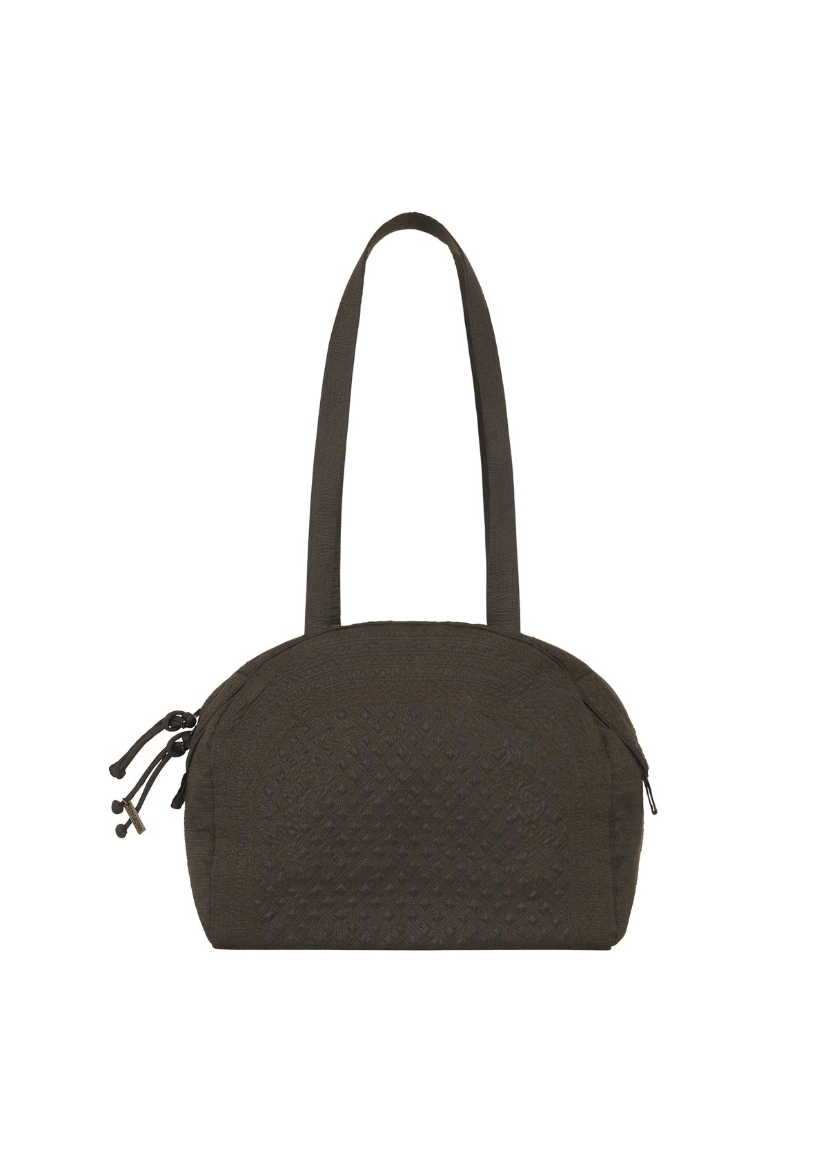A product shot of the HaaT BLOOM & PLAID BOSTON handbag in almost black.