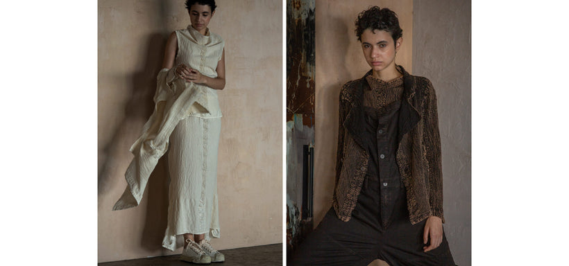 Left: Model wearing TENMOKU COTTON Top and Skirt in Light Beige, while taking of TENMOKU COTTON Jacket in Light Beige, against beige background. Model wearing TENMOKU COTTON Jacket in Brown and TENMOKU BOTTOM Jumpsuit Brown, standing against a multicoloured background.
