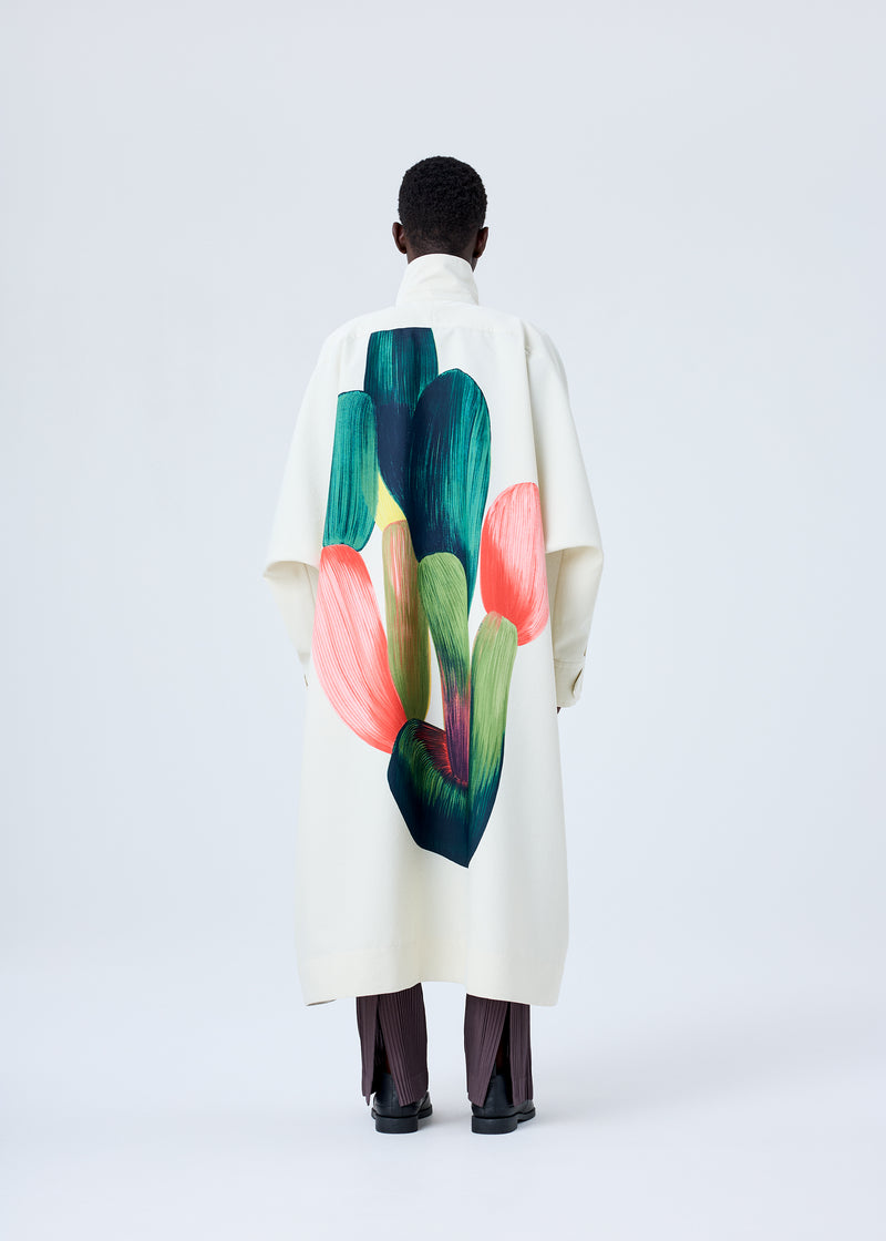 A model wears the HOMME PLISSÉ ISSEY MIYAKE  RB_DRAWING COAT coat