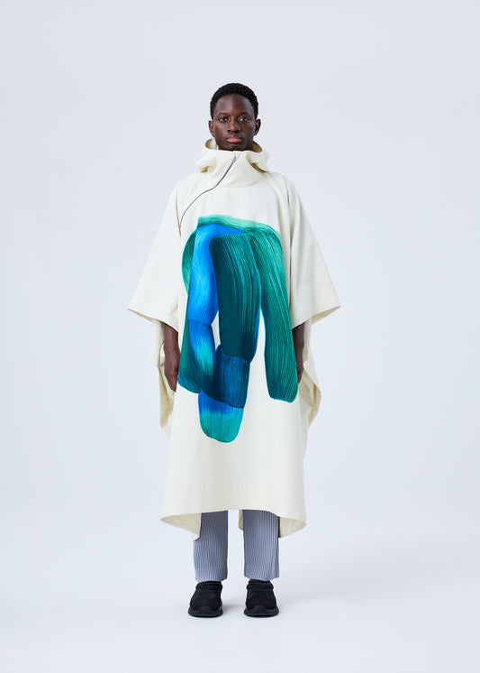 A model wears the HOMME PLISSÉ ISSEY MIYAKE RB_DRAWING COAT coat