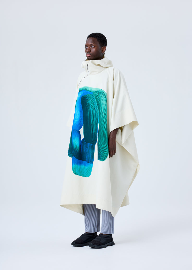 A model wears the HOMME PLISSÉ ISSEY MIYAKE RB_DRAWING COAT coat