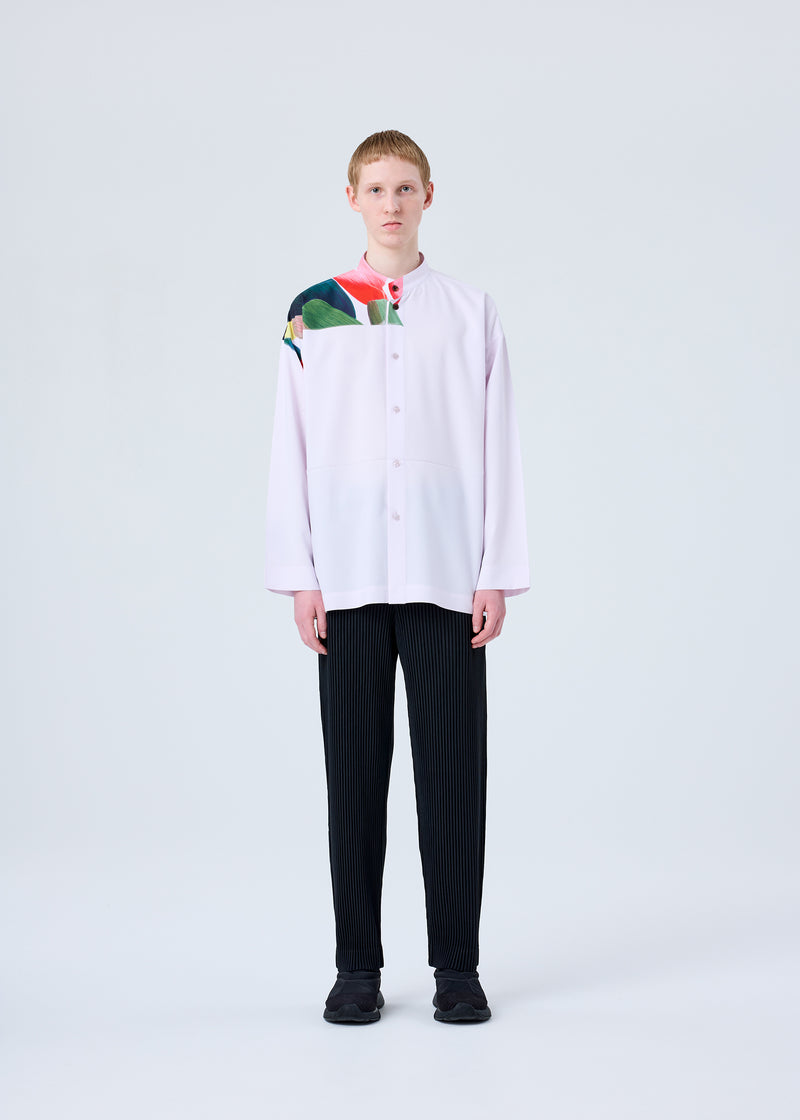 A model wears the HOMME PLISSÉ ISSEY MIYAKE RB_DRAWING PRESS SHIRT 1 shirt