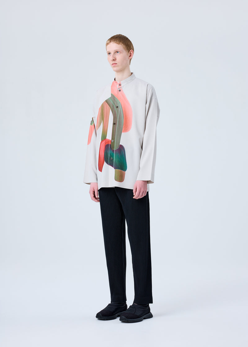 A model wears the HOMME PLISSÉ ISSEY MIYAKE RB_DRAWING PRESS SHIRT 1 shirt