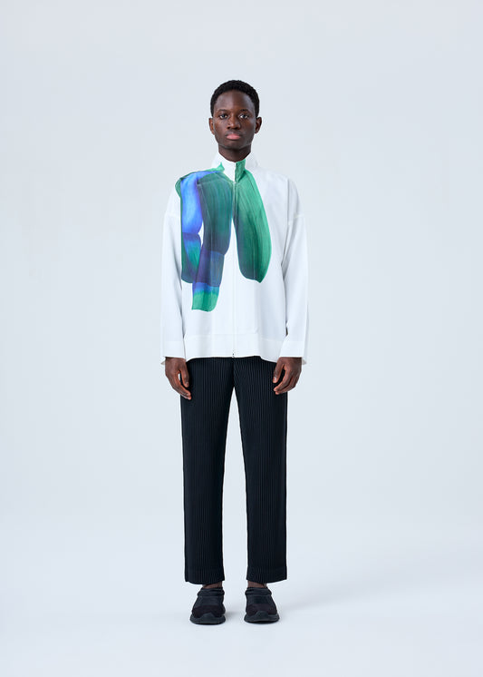 A model wears the HOMME PLISSÉ ISSEY MIYAKE RB_DRAWING PRESS SHIRT 2 shirt