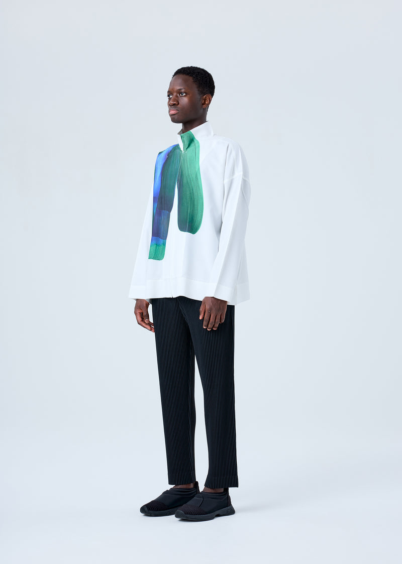 A model wears the HOMME PLISSÉ ISSEY MIYAKE RB_DRAWING PRESS SHIRT 2 shirt