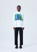 A model wears the HOMME PLISSÉ ISSEY MIYAKE RB_DRAWING PRESS SHIRT 2 shirt