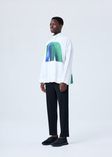 A model wears the HOMME PLISSÉ ISSEY MIYAKE RB_DRAWING PRESS SHIRT 2 shirt