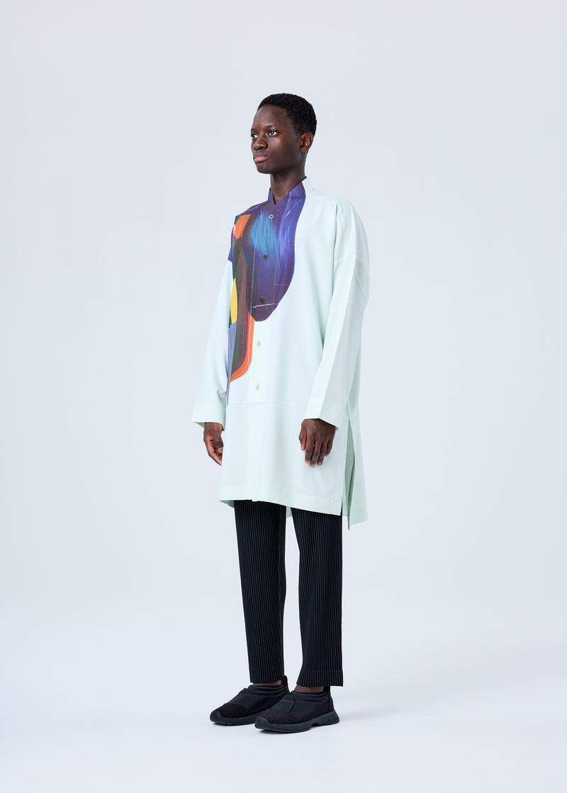 A model wears the HOMME PLISSÉ ISSEY MIYAKE RB_DRAWING PRESS SHIRT 2 shirt