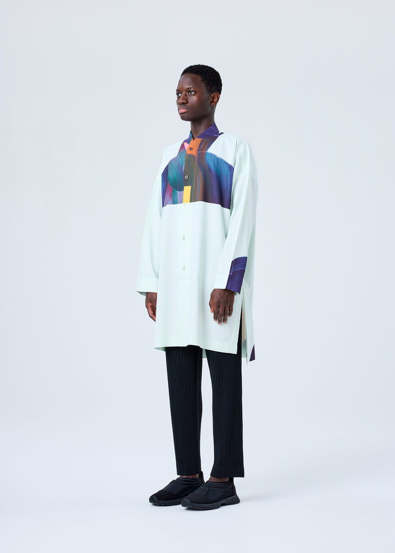 A model wears the HOMME PLISSÉ ISSEY MIYAKE RB_DRAWING PRESS SHIRT 2 shirt