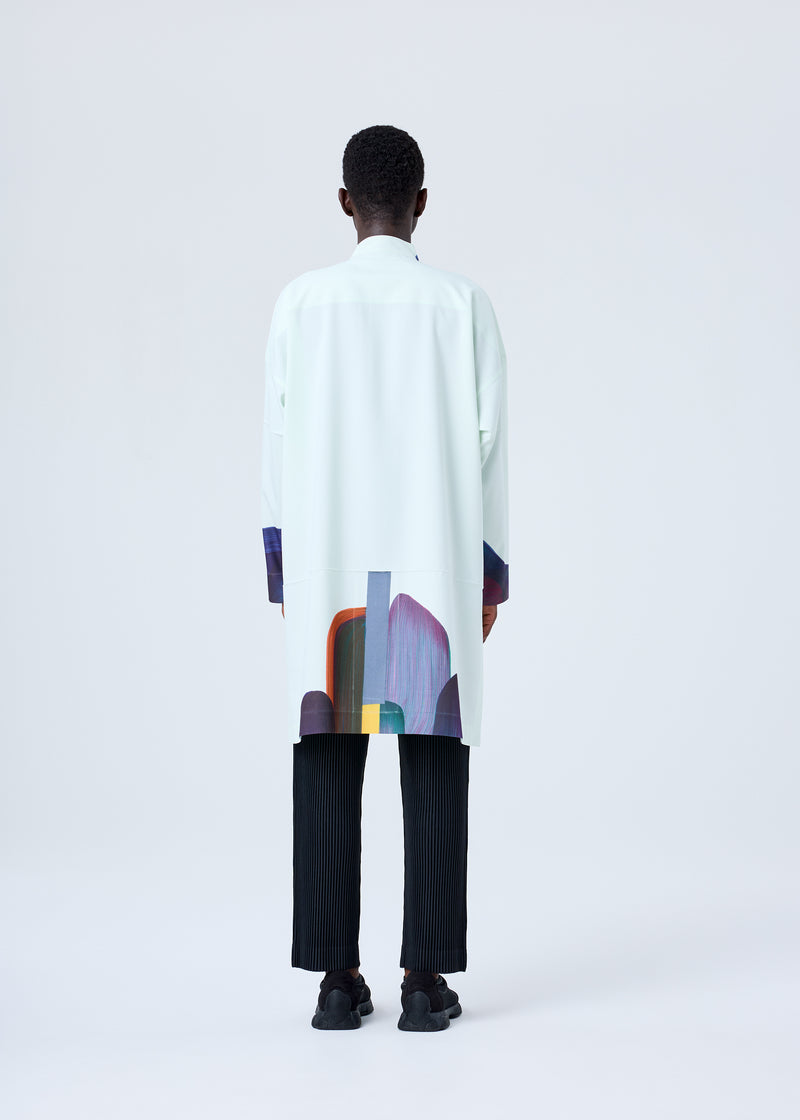 A model wears the HOMME PLISSÉ ISSEY MIYAKE RB_DRAWING PRESS SHIRT 2 shirt