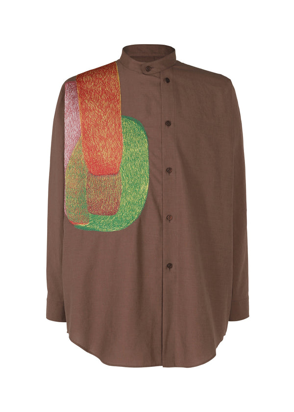 A product shot of the HOMME PLISSÉ ISSEY MIYAKE RB_STYLO BILLE EMBROIDERY SHIRT shirt in red x green (19).