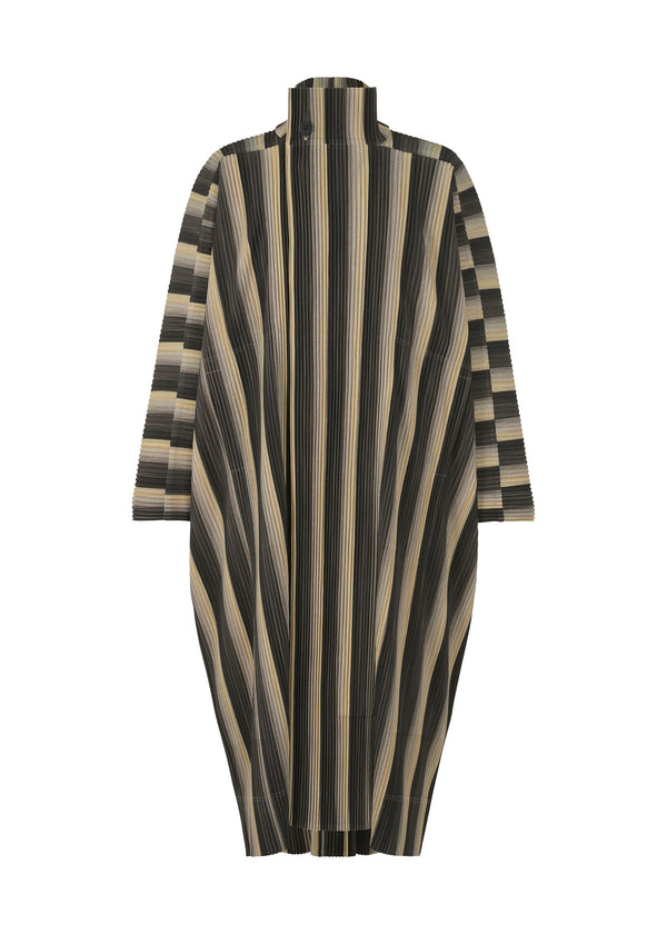 A product shot of the HOMME PLISSÉ ISSEY MIYAKE RB_STRIPES 2 coat in black (15).