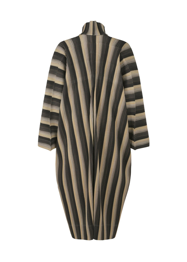 A detail shot of the HOMME PLISSÉ ISSEY MIYAKE RB_STRIPES 2 coat.