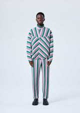 A model wears the HOMME PLISSÉ ISSEY MIYAKE RB_STRIPES 2 jacket.