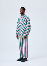 A model wears the HOMME PLISSÉ ISSEY MIYAKE RB_STRIPES 2 jacket.