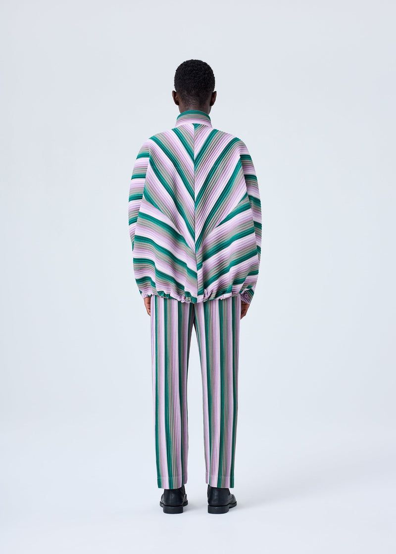 A model wears the HOMME PLISSÉ ISSEY MIYAKE RB_STRIPES 2 jacket.