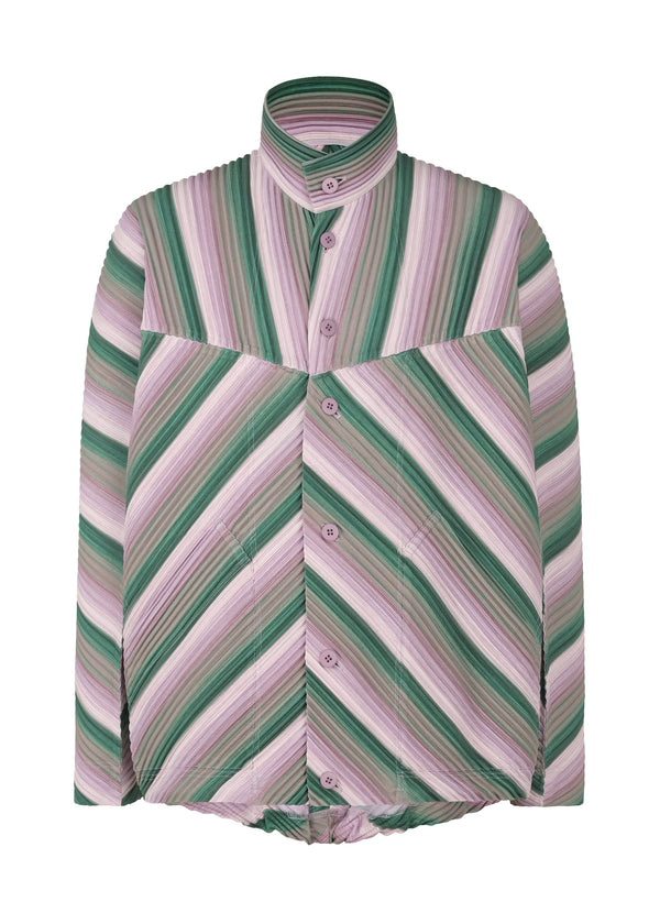 A product shot of the HOMME PLISSÉ ISSEY MIYAKE RB_STRIPES 2 jacket in green (62).