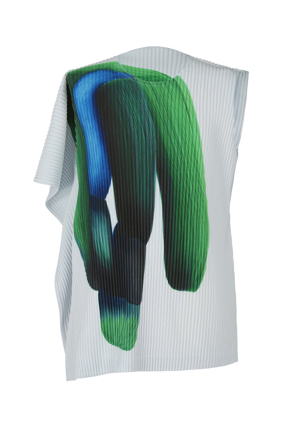 A product shot of the HOMME PLISSÉ ISSEY MIYAKE RB_DRAWING PLEATS top in green x blue (95)