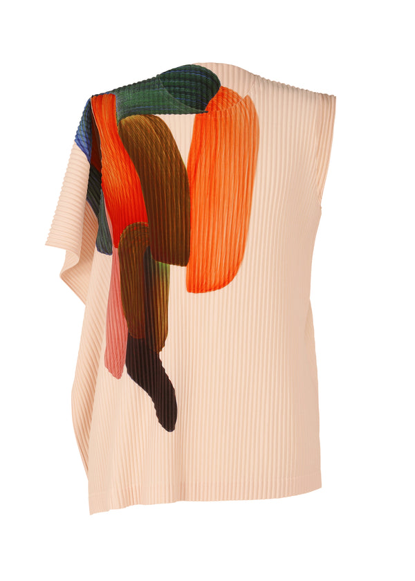 A product shot of the HOMME PLISSÉ ISSEY MIYAKE RB_DRAWING PLEATS top in brown x green x pink (97)