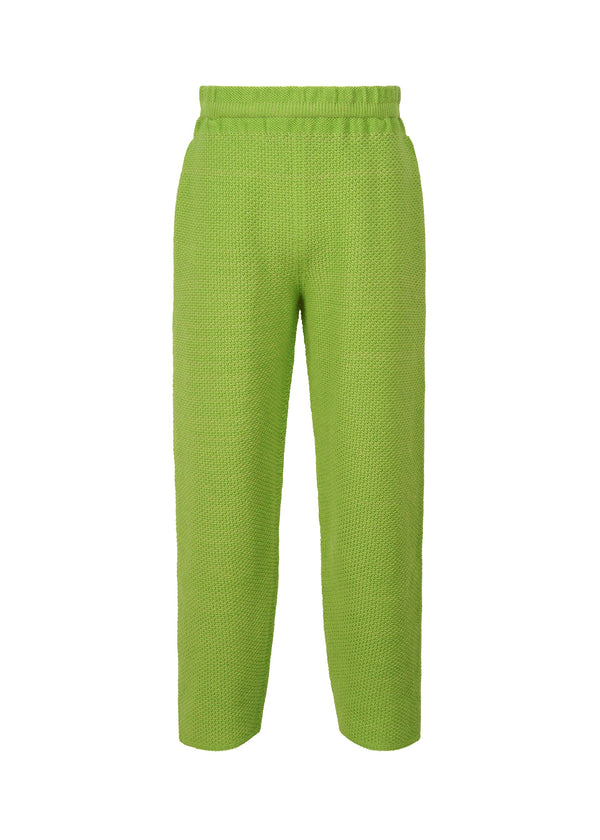 A product shot of the HOMME PLISSÉ ISSEY MIYAKE RUSTIC KNIT trousers in green (62).