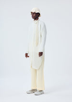 A model wears the HOMME PLISSÉ ISSEY MIYAKE BEANIE SCARF hat.