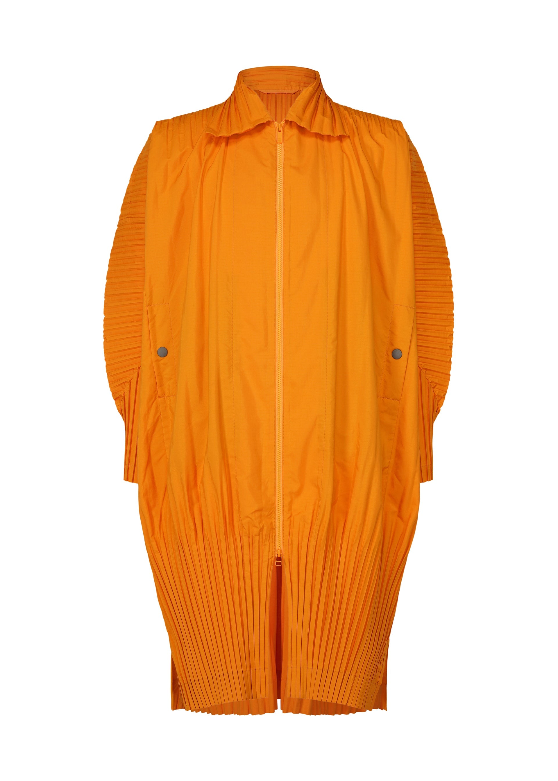 A product shot of the HOMME PLISSÉ ISSEY MIYAKE CASCADE coat in orange (32).