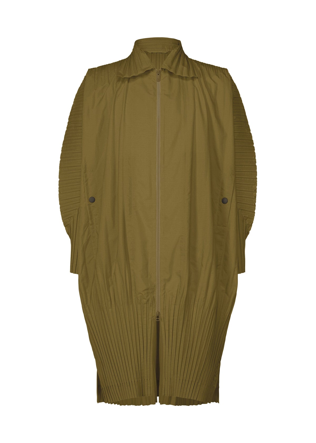 A product shot of the HOMME PLISSÉ ISSEY MIYAKE CASCADE coat in khaki (65).