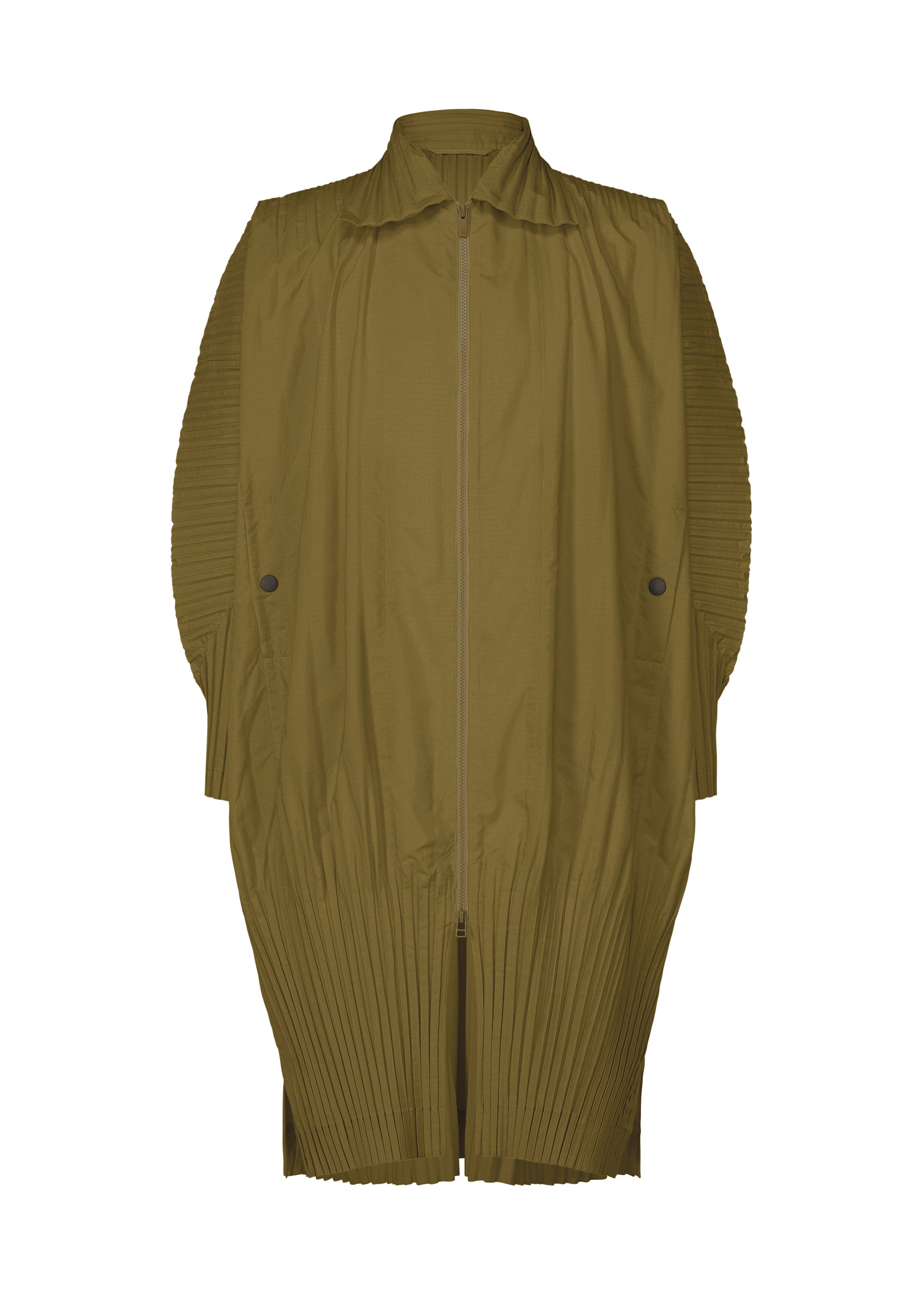 A product shot of the HOMME PLISSÉ ISSEY MIYAKE CASCADE coat in khaki (65).