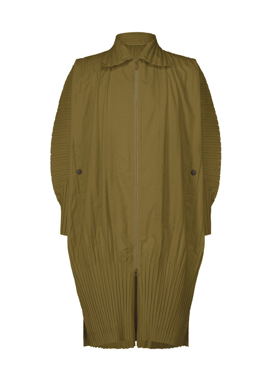A product shot of the HOMME PLISSÉ ISSEY MIYAKE CASCADE coat in khaki (65).