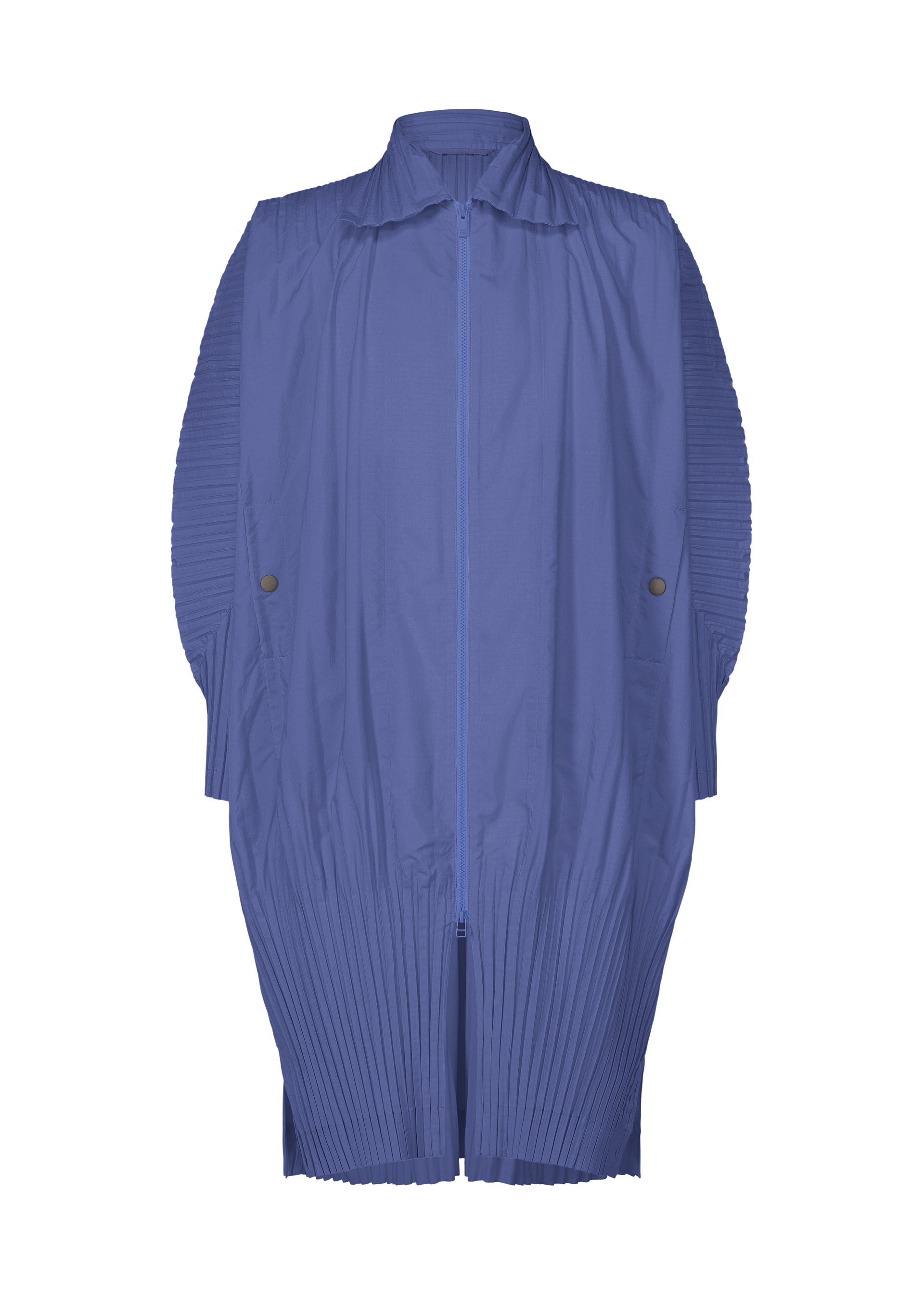 A product shot of the HOMME PLISSÉ ISSEY MIYAKE CASCADE coat in blue (72).