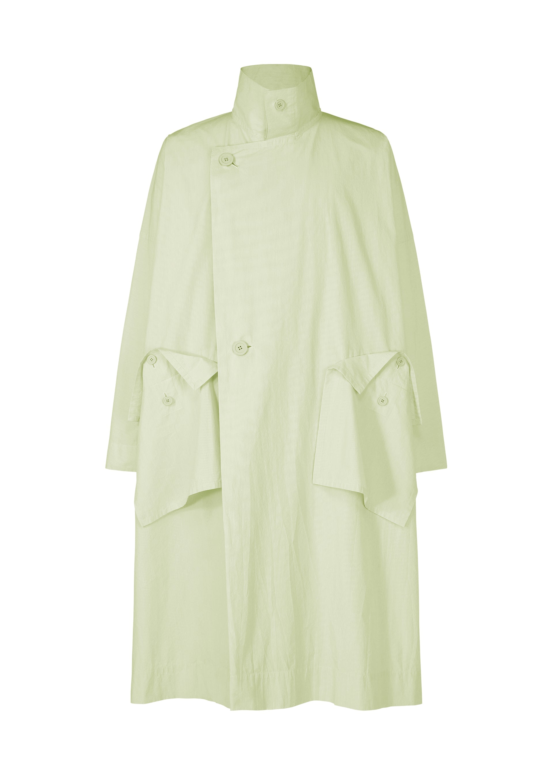 A product shot of the HOMME PLISSÉ ISSEY MIYAKE FRESHEN coat in green (62).
