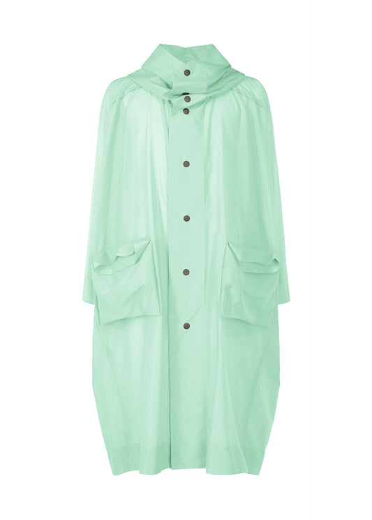 A product shot of the HOMME PLISSÉ ISSEY MIYAKE KITE COAT coat in mint green (60).