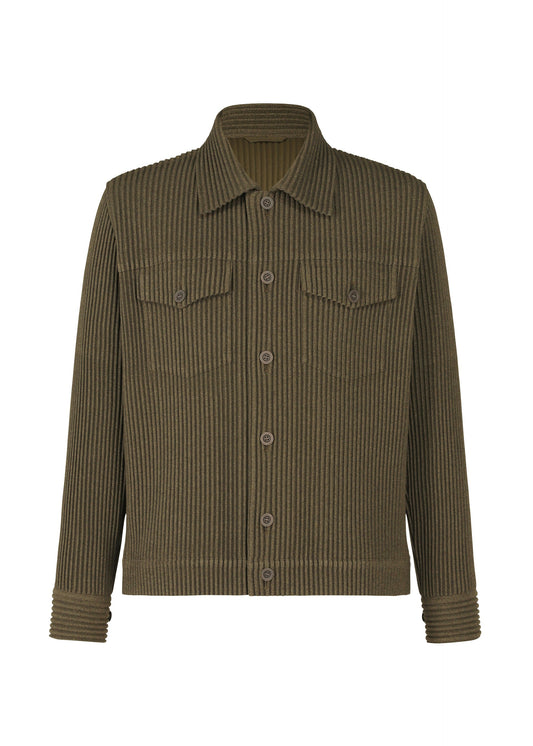 A product shot of the HOMME PLISSÉ ISSEY MIYAKE WOOL LIKE LIGHT jacket in khaki (65).