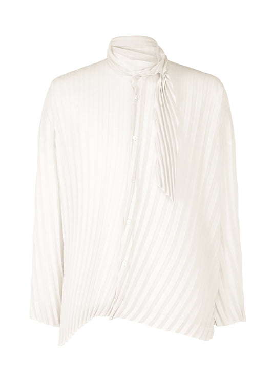 A product shot of the HOMME PLISSÉ ISSEY MIYAKE WINDSWEPT SHIRT shirt in white (01).