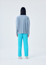 A model wears the HOMME PLISSÉ ISSEY MIYAKE COLOR PLEATS trousers.