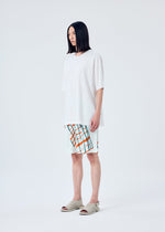 A model wears the HOMME PLISSÉ ISSEY MIYAKE WINDSWEPT PLAID trousers.