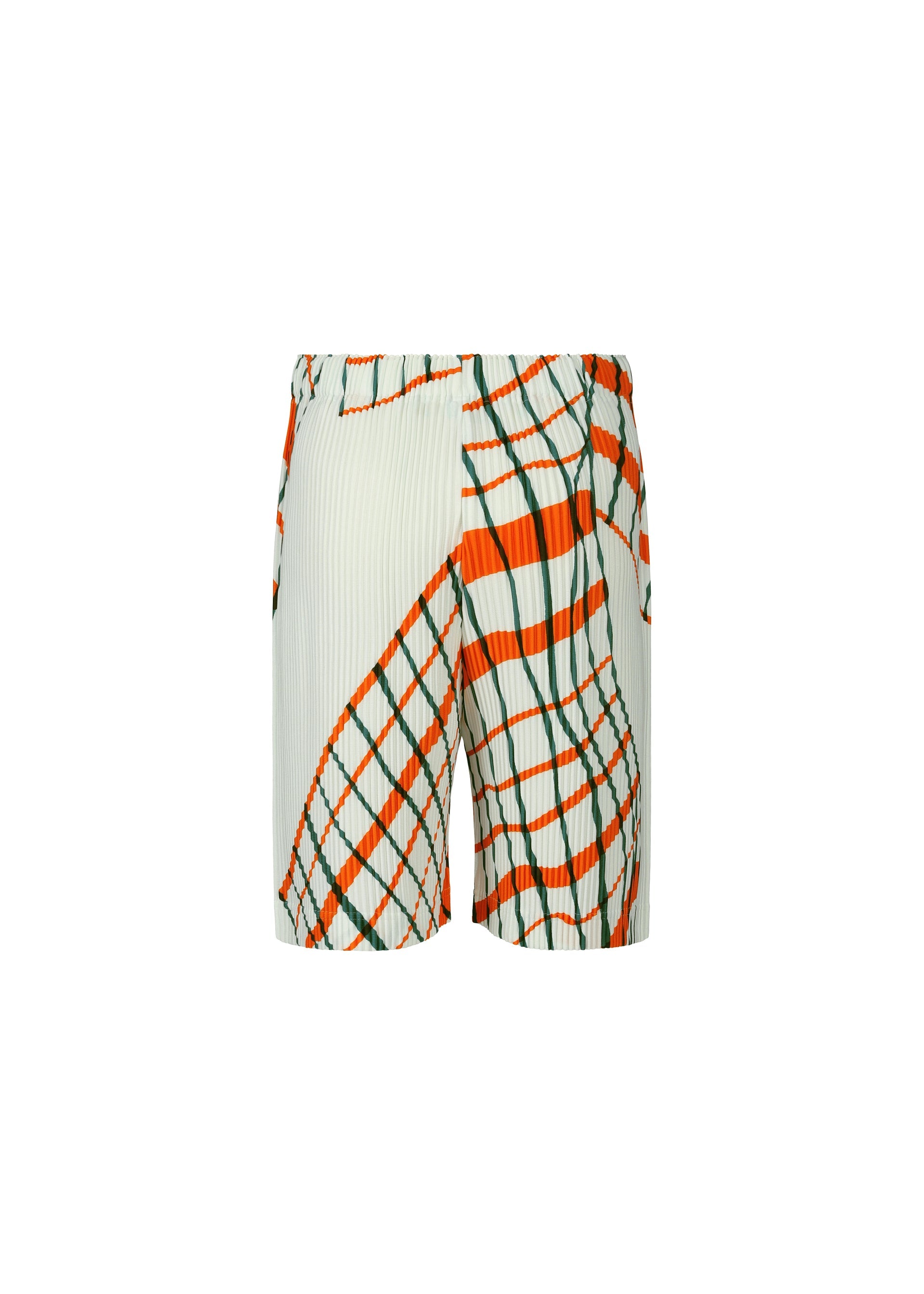 A detail shot of the HOMME PLISSÉ ISSEY MIYAKE WINDSWEPT PLAID trousers.
