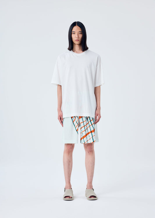 A model wears the HOMME PLISSÉ ISSEY MIYAKE WINDSWEPT PLAID T SHIRT top.