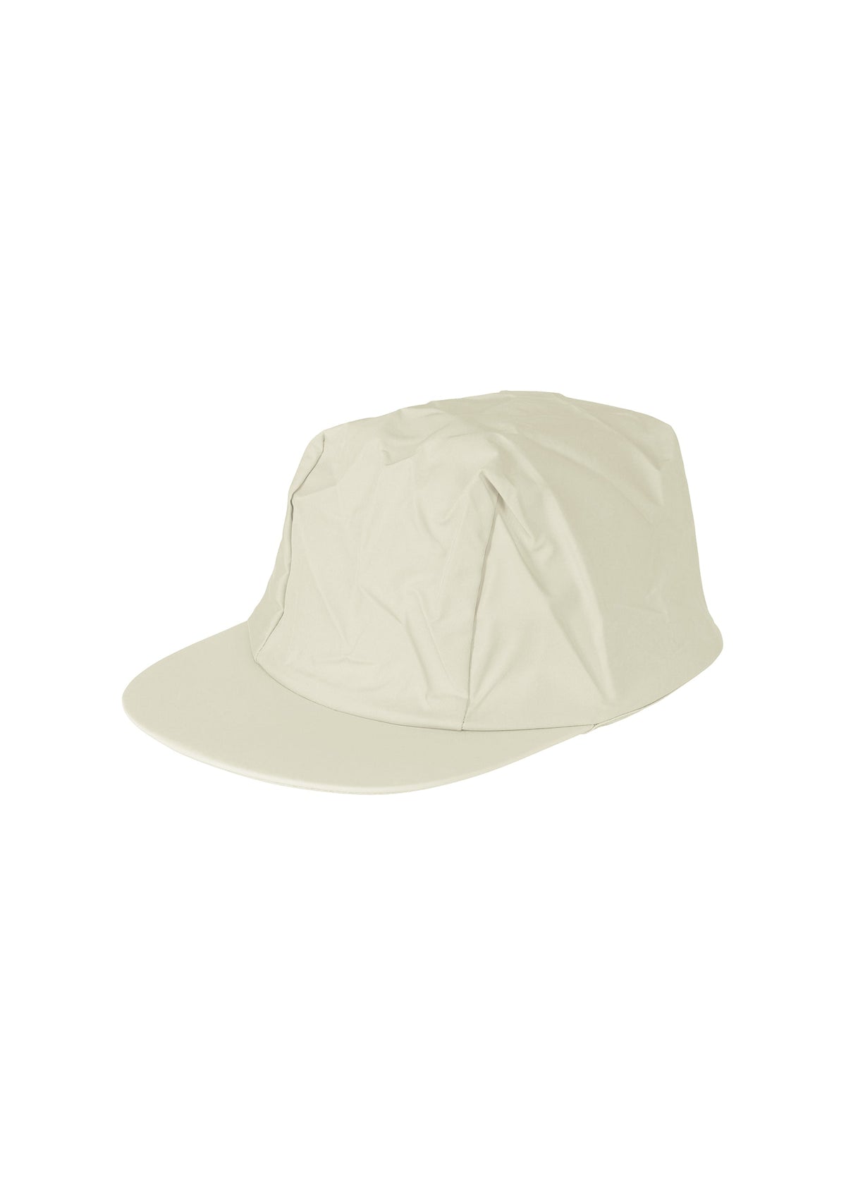 A product shot of the HOMME PLISSÉ ISSEY MIYAKE STONE CAP hat in limestone white.