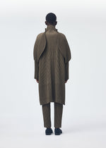 A model wears the HOMME PLISSÉ ISSEY MIYAKE WOOL LIKE LIGHT coat.