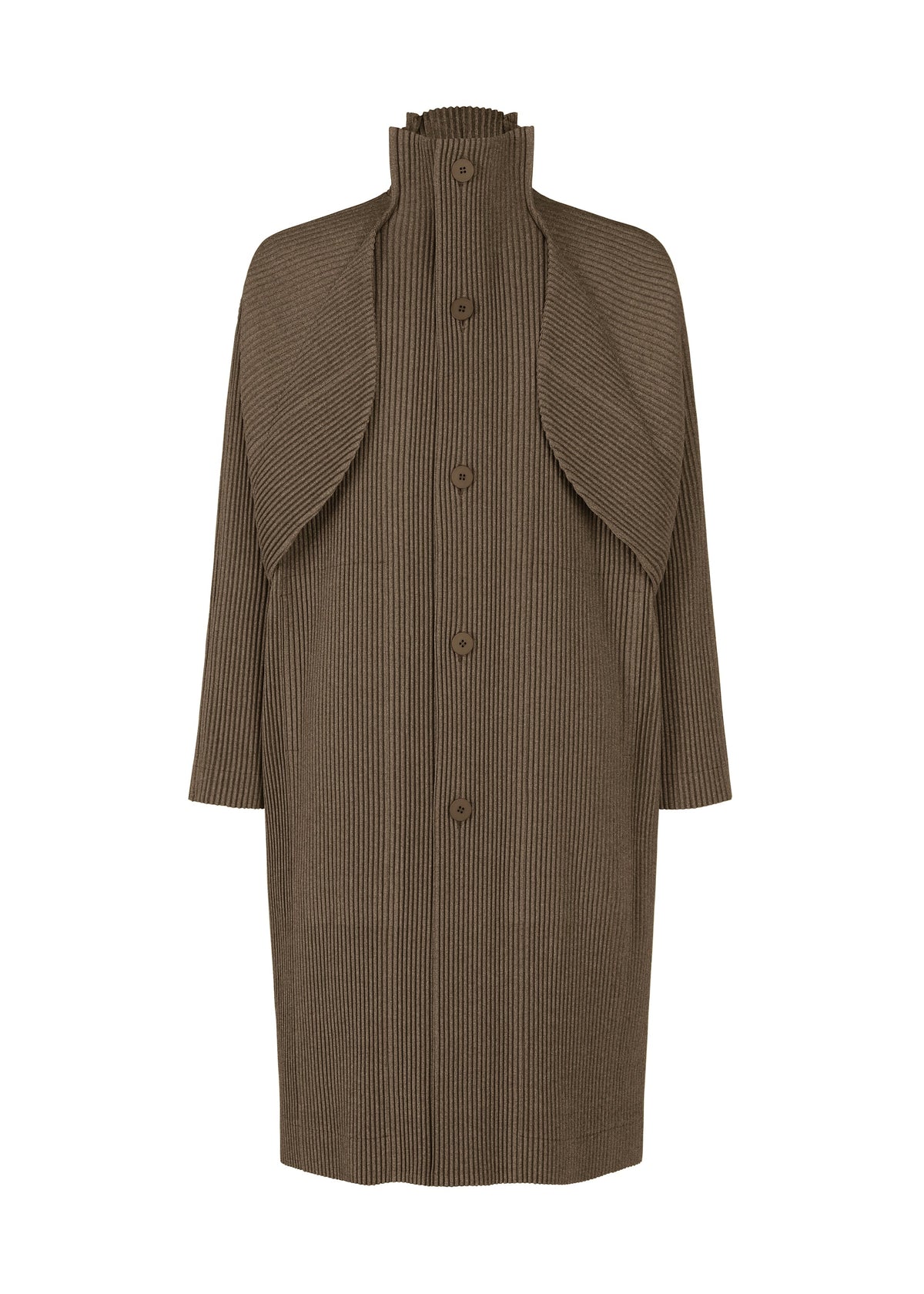A product shot of the HOMME PLISSÉ ISSEY MIYAKE WOOL LIKE LIGHT coat in brown (44).