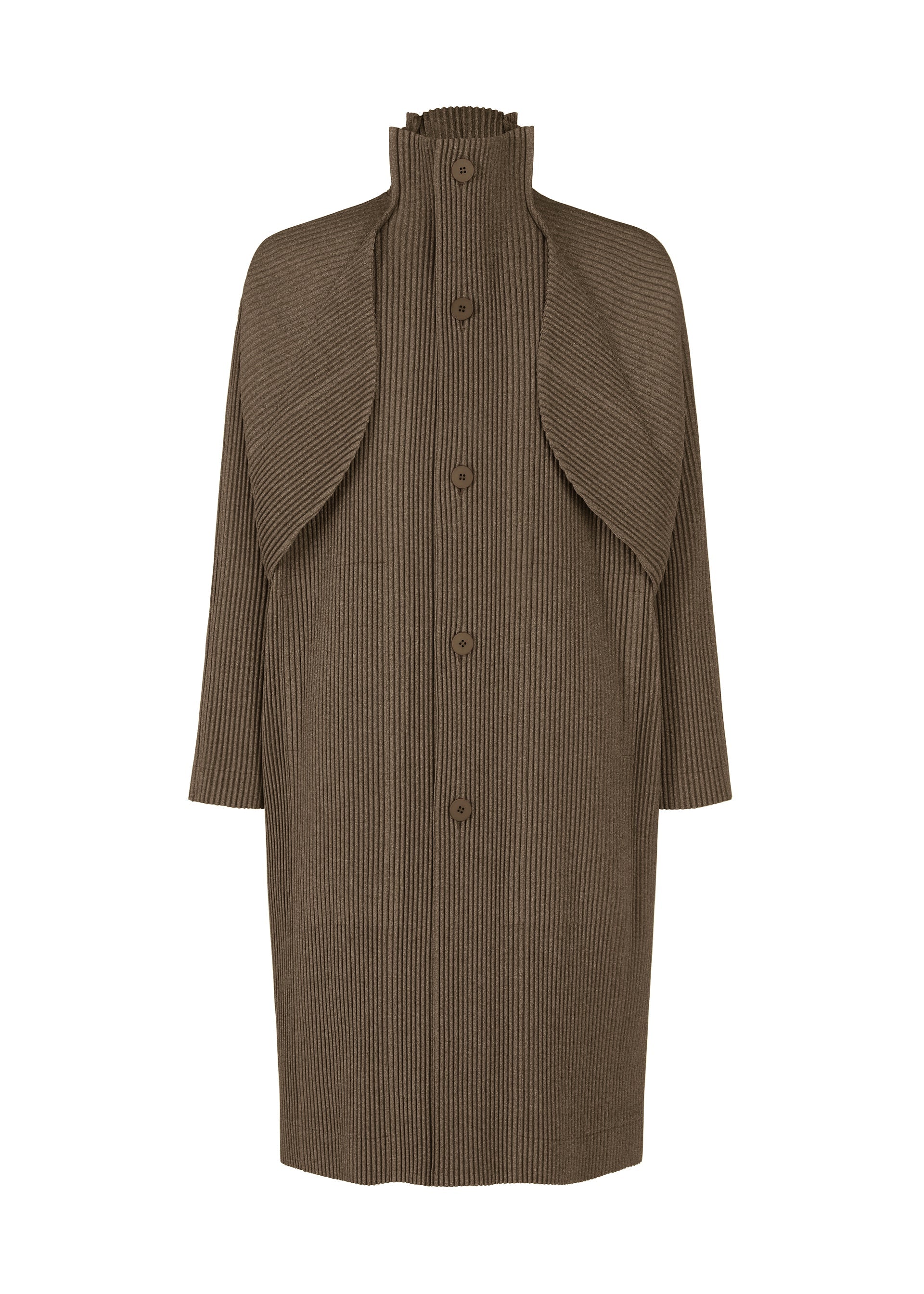 A product shot of the HOMME PLISSÉ ISSEY MIYAKE WOOL LIKE LIGHT coat in brown (44).