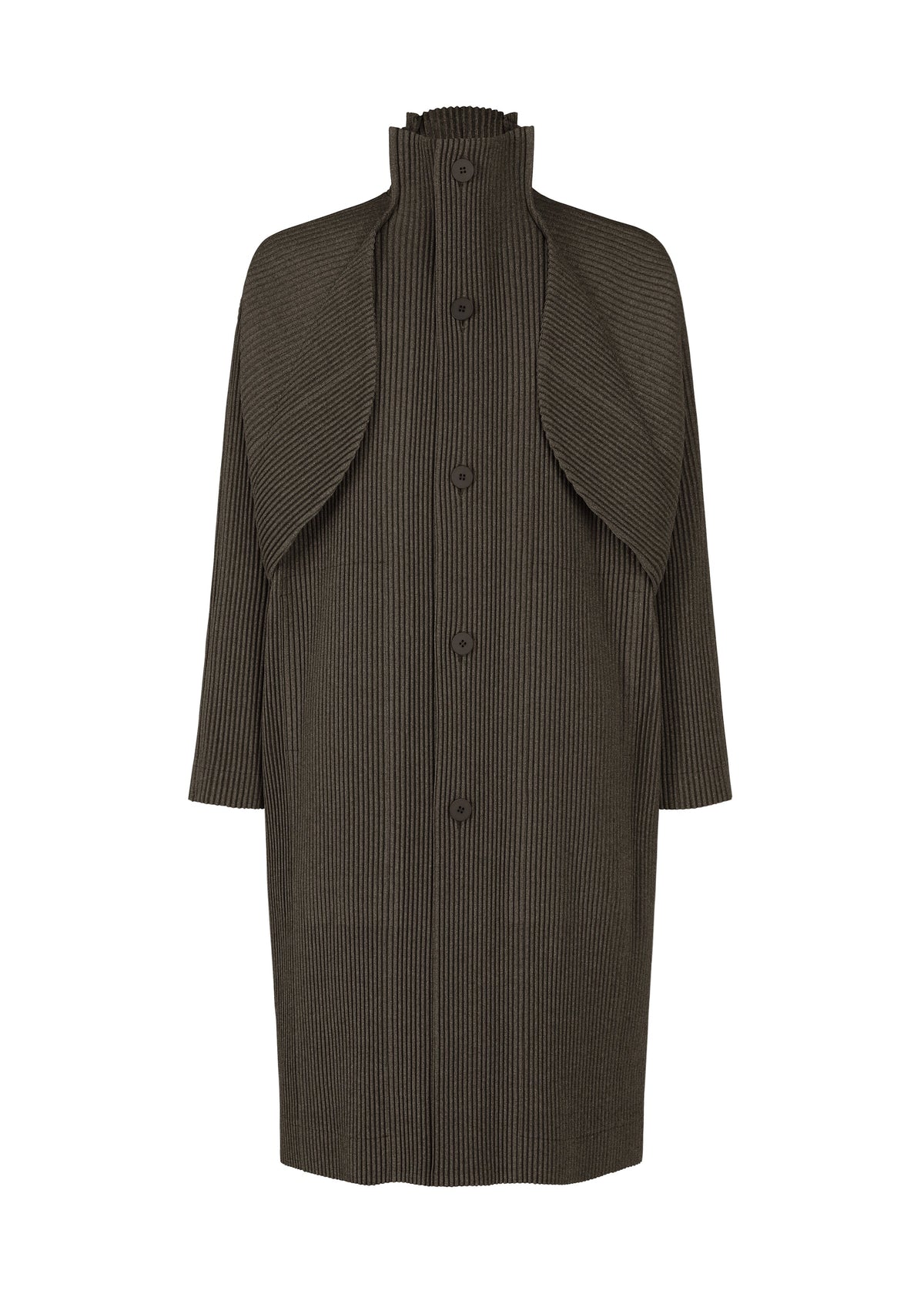 A product shot of the HOMME PLISSÉ ISSEY MIYAKE WOOL LIKE LIGHT coat in dark brown (49).