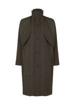 A product shot of the HOMME PLISSÉ ISSEY MIYAKE WOOL LIKE LIGHT coat in dark brown (49).