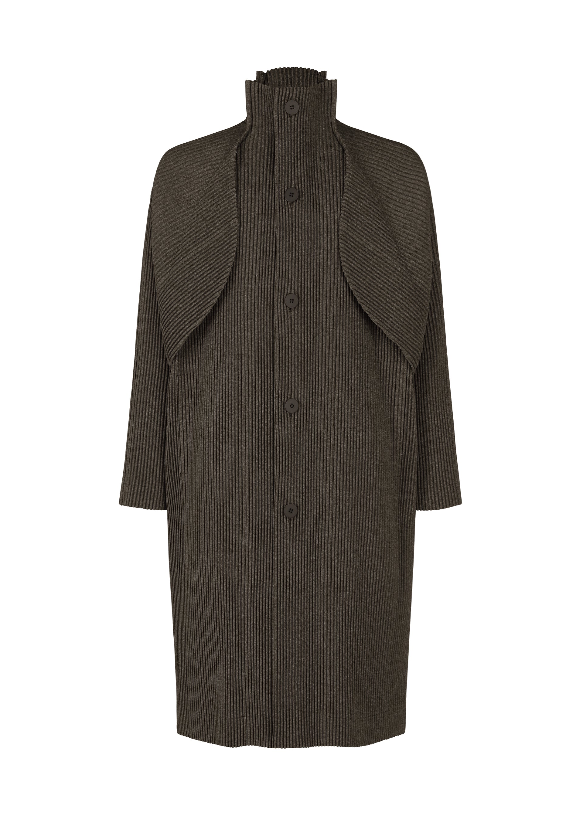 A product shot of the HOMME PLISSÉ ISSEY MIYAKE WOOL LIKE LIGHT coat in dark brown (49).