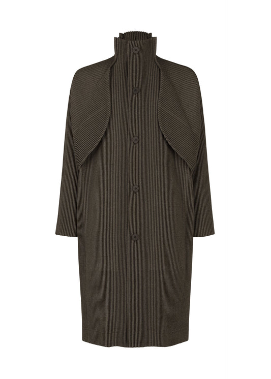 A product shot of the HOMME PLISSÉ ISSEY MIYAKE WOOL LIKE LIGHT coat in dark brown (49).