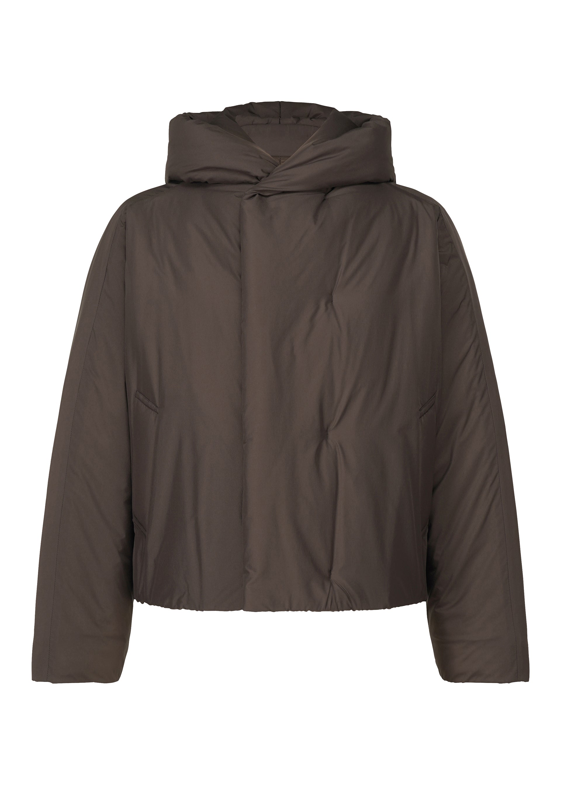 A product shot of the HOMME PLISSÉ ISSEY MIYAKE DUVET COAT jacket in brown (44).
