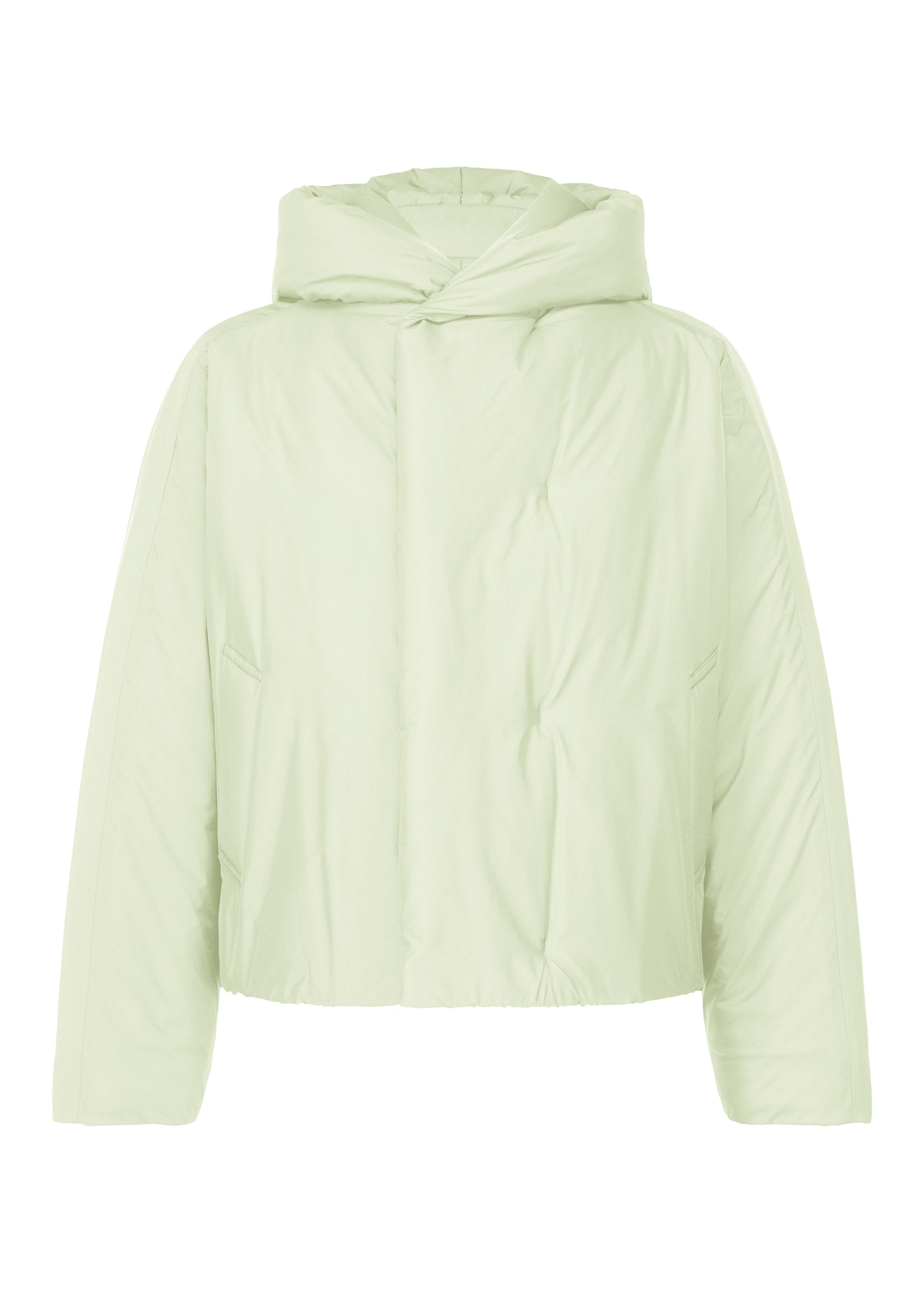 A product shot of the HOMME PLISSÉ ISSEY MIYAKE DUVET COAT jacket in white green (68).